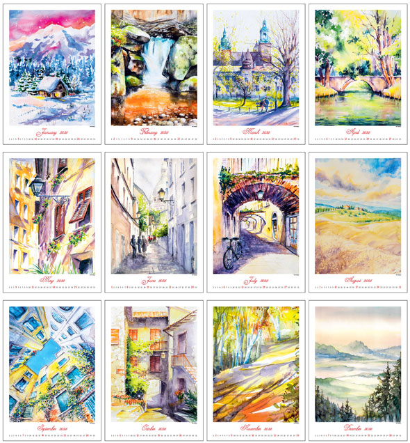 Calendrier mural 2025 Aquarelle 13p 31x52cm Images